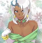  1boy bare_pecs blue_eyes choker crossdressing dark_skin dark_skinned_male earrings elbow_gloves gloves gundam hair_over_one_eye isa_(peien516) jewelry laura_rolla lipstick loran_cehack makeup male_focus otoko_no_ko silver_hair solo turn_a_gundam undressing white_gloves white_hair 