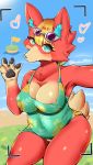  &lt;3 animal_crossing anthro areola audie_(animal_crossing) beach belly big_breasts blonde_hair bottomless breasts canid canine canis cleavage clothed clothing dress eyewear eyewear_on_head female flag fur genitals gesture grass green_eyes hair hi_res inner_ear_fluff island kemono mammal navel_outline nintendo nipple_slip nipples outside pawpads pink_body pink_fur pussy sarier413 sea seaside selfie slightly_chubby solo sunglasses sunglasses_on_head tuft v_sign video_games water wolf 