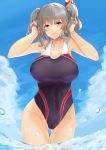  1girl absurdres ass_visible_through_thighs black_swimsuit blue_eyes blue_sky breasts cloud competition_swimsuit cowboy_shot highres kantai_collection kashima_(kantai_collection) large_breasts long_hair looking_at_viewer one-piece_swimsuit sidelocks silver_hair sky soaking_feet solo swimsuit thigh_gap twintails wasavi_8 water wavy_hair 