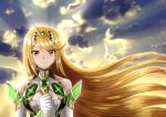  1girl armor bangs bare_shoulders blonde_hair blush breasts cleavage cleavage_cutout clothing_cutout cloud day elbow_gloves gem gloves glowing hair_ornament headpiece highres jewelry large_breasts long_hair looking_at_viewer mythra_(xenoblade) nintendo shoulder_armor sky smile solo sunset swept_bangs tears tiara very_long_hair white_gloves xenoblade_chronicles_(series) xenoblade_chronicles_2 yanwu-ji yellow_eyes 