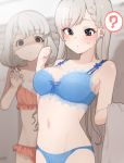  2girls :o ? @_@ absurdres blue_bra blue_eyes blue_panties blurry blush bra braid breast_envy breasts cleavage cowboy_shot cross-laced_clothes depth_of_field earrings eyebrows_visible_through_hair glaring grey_hair hand_up highres hisakawa_hayate hisakawa_nagi holding holding_clothes holding_shirt idolmaster idolmaster_cinderella_girls jewelry lace_trim locker locker_room long_hair looking_at_breasts medium_breasts medium_hair multiple_girls navel orange_bra orange_panties panties purple_eyes shirt siblings sisters sweatdrop umashio underwear 