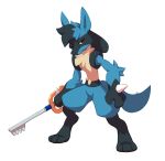  brown_eyes closed_mouth commentary commission creature english_commentary full_body gen_4_pokemon highres holding keyblade kingdom_hearts lucario no_humans pokemon pokemon_(creature) salanchu serious simple_background solo white_background 