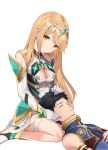  1boy 1girl absurdres arm_at_side bangs bare_legs bare_shoulders blonde_hair breasts chest_jewel cleavage closed_mouth evan_(pixiv7510743) gem gloves hair_ornament headpiece highres jewelry lap_pillow large_breasts long_hair looking_at_viewer mythra_(xenoblade) neon_trim older rex_(xenoblade) sidelocks simple_background sleeping sleeping_on_person smile swimsuit tiara very_long_hair white_background white_gloves xenoblade_chronicles_(series) xenoblade_chronicles_2 yellow_eyes 