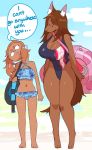  accessory angel_(lightsource) anthro barefoot beach big_breasts bikini breast_size_difference breasts broken_neck brown_body brown_fur brown_hair canid canine canis cleavage clothed clothing dialogue domestic_dog duffel_bag duo english_text female flower flower_in_hair fur hair hair_accessory hi_res inner_ear_fluff lightsource looking_aside looking_at_another mammal one-piece_swimsuit outside paws pepper_(lightsource) plant pool_float seaside size_difference summer swimwear text tuft 