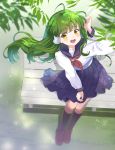  1girl adjusting_hair ahoge bangs bench black_legwear blouse blue_sailor_collar brown_footwear commentary day eyebrows_visible_through_hair from_above full_body green_hair hair_tubes highres iris_anemone kneehighs kochiya_sanae leaf long_hair long_sleeves looking_up neckerchief necktie open_mouth outdoors park_bench pleated_skirt red_neckwear sailor_collar school_uniform serafuku sidelocks sitting skirt smile solo touhou upper_teeth yellow_eyes 