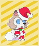  bag black_nose blue_eyes brown_body brown_fur cheek_tuft chettodoggo christmas christmas_clothing christmas_headwear clothing facial_tuft fate_(series) fur hat headgear headwear hi_res holidays lycanroc midday_lycanroc nintendo padoru pok&eacute;mon pok&eacute;mon_(species) santa_hat semi-anthro smile tuft video_games white_body white_fur 