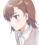  1girl bangs blush brown_eyes brown_hair collared_shirt dress_shirt eyebrows_visible_through_hair hair_between_eyes heremia looking_away misaka_mikoto parted_lips school_uniform shirt simple_background solo sweat sweater_vest to_aru_kagaku_no_railgun to_aru_majutsu_no_index upper_body white_background white_shirt 