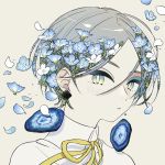  1girl absurdres blue_flower blue_menouu blush collared_shirt earrings flower geode gradient_eyes highres jewelry multicolored multicolored_eyes original petals portrait ribbon shadow shirt solo tan_background white_flower yellow_neckwear yellow_ribbon 