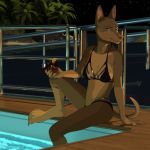  2020 4_toes 5_fingers anthro barefoot beverage bikini black_bikini black_clothing black_swimwear blue_eyes breasts brown_body brown_fur brown_nose canid canine canis classy claws cleavage clothed clothing digital_media_(artwork) dobermann domestic_dog female fingers fur hi_res holding_beverage holding_object jodie_bennet kisselexy looking_at_viewer mammal night pinscher poolside sea sitting smile solo swimming_pool swimwear toe_claws toes vehicle water watercraft yacht 