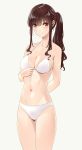  1girl absurdres bikini breasts brown_eyes brown_hair cleavage disconnected_mouth highres long_hair looking_at_viewer marui_koishi medium_breasts navel original sidelocks simple_background smile solo standing swimsuit wavy_hair white_background white_bikini 