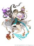  1girl absurdres aqua_eyes book bow brown_hair christmas christmas_gift cloak eyebrows_visible_through_hair full_body fur_trim gingerbread_man gloves gretel_(sinoalice) hair_bow hansel_(sinoalice) high_heels highres ji_no looking_at_viewer official_art padded_cloak short_hair sinoalice smile snow_globe solo square_enix white_background 