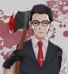  1boy axe black_gloves black_hair blood blood_on_face bloody_weapon brown_eyes expressionless glasses gloves isa_(peien516) joseph_oda male_focus necktie solo the_evil_within vest waistcoat weapon 