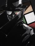  1boy black_background coat fedora goggles hat head_only highres jinichi looking_at_viewer reflection rubik&#039;s_cube spider-man spider-man:_into_the_spider-verse spider-man_(series) spider-man_noir 