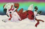  anthro black_nose black_pawpads breasts claws dakotadrawspaws eyebrow_through_hair eyebrows featureless_breasts female fingers fur hair half-closed_eyes looking_at_viewer lycanroc lying midnight_lycanroc narrowed_eyes nintendo pawpads pok&eacute;mon pok&eacute;mon_(species) red_body red_fur ribbons smile snow snowing tattoo toe_claws translucent translucent_hair video_games white_body white_fur white_hair 