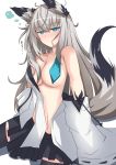  1girl :| absurdres animal_ears azur_lane bangs bare_shoulders black_legwear black_skirt blue_neckwear blush breasts cleavage closed_mouth clothes_removed collarbone commentary_request crossed_bangs eyebrows_visible_through_hair fox_ears fox_girl fox_tail grey_hair hair_between_eyes hair_censor hair_in_mouth hair_ornament hair_over_breasts highres jitome kawakaze_(azur_lane) long_hair looking_at_viewer medium_breasts messy_hair partial_commentary pleated_skirt ribbon ribbon-trimmed_clothes ribbon-trimmed_sleeves ribbon_trim simple_background siota1998 skirt solo tail thighhighs translation_request white_background zettai_ryouiki 
