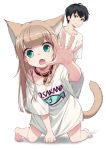  1boy 1girl 40hara :o animal_ear_fluff animal_ears bangs barefoot blonde_hair blue_eyes blunt_bangs can&#039;t_be_this_cute cat_ears chromatic_aberration clothes_writing collar eyebrows_visible_through_hair fang highres kinako_(40hara) kneeling long_hair open_mouth ore_no_imouto_ga_konna_ni_kawaii_wake_ga_nai original parody pet_collar print_shirt reaching_out red_collar romaji_text shirt skin_fang t-shirt white_background 