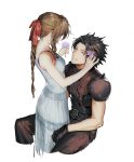  1boy 1girl aerith_gainsborough armor black_gloves black_hair black_pants black_shirt braid braided_ponytail breasts brown_hair closed_eyes commentary cowboy_shot dress english_commentary final_fantasy final_fantasy_vii flower gloves grin hair_flower hair_ornament hair_ribbon highres holding holding_flower invisible_chair long_hair looking_at_another medium_breasts pants ribbed_shirt ribbon shirt short_hair shoulder_armor simple_background sitting sleeveless sleeveless_dress smile sophie_(693432) spiked_hair white_background white_dress zack_fair 