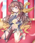  1girl absurdres ankle_cuffs anklet anya_melfissa anya_melfissa_(1st_costume) arada_(corsair_zero) bare_shoulders barefoot brown_hair detached_sleeves highres holding holding_weapon hololive hololive_indonesia jewelry leg_ribbon ribbon solo thigh_ribbon thighs virtual_youtuber weapon 