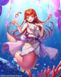  1girl :d air_bubble animal bangs bare_arms bare_shoulders blush braid breasts bubble cardfight!!_vanguard character_request clownfish commentary_request coral eyebrows_visible_through_hair fish frills long_hair mermaid momoshiki_tsubaki monster_girl official_art open_mouth red_eyes red_hair shirt sleeveless sleeveless_shirt small_breasts smile solo sparkle twin_braids underwater very_long_hair water watermark white_shirt 