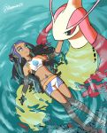  1girl afloat aqua_eyeshadow aqua_hair armlet barefoot belly_chain bike_shorts black_hair blue_eyes closed_mouth commentary_request dark_skin dark_skinned_female earrings eyelashes from_above gen_3_pokemon gym_leader hair_bun hoop_earrings jewelry knees long_hair milotic mixar0807 multicolored_hair navel necklace nessa_(pokemon) number pokemon pokemon_(creature) pokemon_(game) pokemon_swsh ripples smile two-tone_hair water 