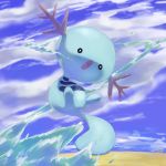 :o black_eyes blue_sky cloud cloudy_sky commentary creature english_commentary full_body gen_2_pokemon horns jumping looking_at_viewer no_humans outdoors pinkgermy pokemon pokemon_(creature) sand sky solo water wooper 