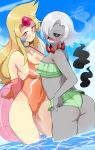  absurd_res annoyed bikini black_sclera blonde_hair blue_eyes blush bodily_fluids breasts butt cesselia cleavage clothed clothing cresselia darkrai darkraifu duo female forehead_gem grey_body grey_skin hair hair_over_eye hi_res humanoid inner_tube legendary_pok&eacute;mon lightsource long_hair looking_back nintendo one-piece_swimsuit one_eye_obstructed open_mouth partially_submerged pink_eyes pok&eacute;mon pok&eacute;mon_(species) pok&eacute;mon_humanoid pok&eacute;morph sea sky smoke standing summer sweat swimwear translucent translucent_hair video_games water white_hair 