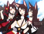  3girls akagi-chan_(azur_lane) akagi_(azur_lane) akagi_(muse)_(azur_lane) animal_ears anniversary azur_lane bangs bare_shoulders bell black_gloves black_legwear blush breasts brown_hair cleavage commentary_request detached_sleeves eyebrows_visible_through_hair flat_chest fox_ears fox_girl fox_tail gloves hair_bell hair_ornament highres japanese_clothes large_breasts long_hair looking_at_viewer multiple_girls multiple_persona multiple_tails open_mouth orange_eyes shirt short_hair sidelocks smile suzuki-san_(szk3tv) tail thighhighs twintails very_long_hair white_shirt wide_sleeves younger 