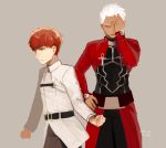  2boys archer belt belt_buckle buckle chaldea_uniform dark_skin dated emiya_shirou facepalm fate/grand_order fate/stay_night fate_(series) from_side grey_background hand_on_hip hand_on_own_face kani_seijin male_focus multiple_boys red_hair signature simple_background upper_body what_if white_hair yellow_eyes 
