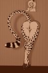  absurd_res amber_eyes anus bent_over cheetah felid feline female genitals hi_res hindpaw long_tail mammal mihari monochrome open_mouth open_smile pawpads paws portrait_(object) pussy raised_tail restricted_palette scorpdk sepia smile through_wall 