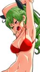  1girl anchovy_(girls_und_panzer) aono3 arm_grab armpits arms_up bangs bikini black_ribbon breasts claw_pose cleavage drill_hair eyebrows_visible_through_hair girls_und_panzer green_hair hair_ribbon half-closed_eye highres large_breasts long_hair navel one_eye_closed open_mouth red_bikini red_eyes ribbon simple_background skindentation solo standing swimsuit twin_drills twintails white_background 