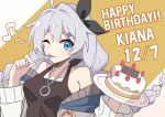  1girl bangs birthday blue_eyes braid breasts cake english_text exion_(neon) food fruit happy_birthday holding honkai_(series) honkai_impact_3rd kiana_kaslana long_hair one_eye_closed smile strawberry white_hair 