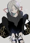  1girl absurdres black_footwear black_pants black_shirt blue_eyes blue_menouu collarbone grey_background grey_hair highres long_sleeves looking_at_viewer original pants sandals shakujou shirt short_hair simple_background sitting solo sparkle staff 