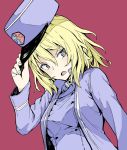  1girl adjusting_clothes adjusting_headwear aokaze_(mimi_no_uchi) bangs bc_freedom_(emblem) bc_freedom_military_uniform blonde_hair blue_eyes blue_headwear blue_jacket blue_vest commentary dress_shirt emblem frown girls_und_panzer hat high_collar jacket kepi long_sleeves looking_at_viewer medium_hair messy_hair military military_hat military_uniform open_mouth oshida_(girls_und_panzer) shirt simple_background solo uniform upper_body vest white_shirt 