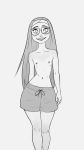 1girl :d artofpechi big_hero_6 breasts feet_out_of_frame freckles glasses greyscale grin groin hairband highres honey_lemon long_hair looking_to_the_side male_swimwear male_swimwear_challenge monochrome navel open_mouth simple_background small_breasts smile solo standing swim_trunks swimwear topless very_long_hair walking white_background 