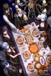  2boys 4girls absurdres asamayuki_ra autumn_leaves black_dress black_hair black_suit blue_eyes blue_hair blurry_foreground braid brown_eyes brown_hair butler candle chandelier chin_rest chinese_commentary commentary cup dated dinner double-breasted dress drinking_glass earrings faceless faceless_male food fork formal from_above green_eyes grey_hair hair_rings hairband halloween highres holding holding_cup indoors jewelry knife long_hair looking_at_viewer looking_up luo_tianyi mo_qingxian multicolored_hair multiple_boys multiple_girls necklace pie plate pointy_ears pumpkin purple_eyes purple_hair serving short_hair signature smile table two-tone_hair vocaloid vsinger white_hair wine_glass yanhe yuezheng_ling yuezheng_longya zhiyu_moke 