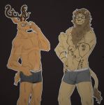  2020 5_fingers adjusting_glasses anthro arm_tattoo beastars black_nose boxer_briefs brown_body brown_fur cervid cervine chest_tattoo clothed clothing duo eyewear felid fingers fur glasses hand_on_hip hi_res ibuki_(beastars) japanese_text lion looking_at_viewer male mammal mane mature_male navel oguma_(beastars) pantherine red_deer simple_background spicedpopsicle standing tan_body tan_fur tattoo text topless topless_male underwear underwear_only whiskers 