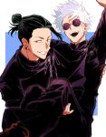  2boys :d arm_up bangs black_eyes black_hair black_jacket blue_background carrying ear_piercing feet_out_of_frame gakuran getou_suguru gojou_satoru grin hair_bun hair_pulled_back jacket jujutsu_kaisen long_sleeves looking_at_viewer male_focus multiple_boys open_mouth piercing princess_carry round_eyewear school_uniform short_hair simple_background smile sunglasses upper_body upper_teeth white_background white_hair yo_korasho 