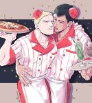  2boys alternate_costume bertolt_hoover black_hair blonde_hair blush collarbone contemporary dark_skin dark_skinned_male food food_on_face hand_on_another&#039;s_waist highres large_hands licking male_focus monochrome multiple_boys muscle ni_yuu pectorals pizza red_headwear reiner_braun shingeki_no_kyojin short_hair smoothie tray yaoi 