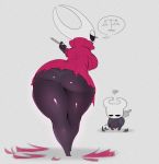  2020 anthro arthropod balls big_butt biped breasts butt cape clothing dress duo female female_focus flaccid genitals grey_background half-closed_eyes hi_res holding_object hollow_knight horn hornet_(hollow_knight) insect leggings legwear looking_at_another male narrowed_eyes non-mammal_breasts panties penis pictographics pink_clothing pink_dress protagonist_(hollow_knight) scissors simple_background speech_bubble standing team_cherry thick_thighs torn_clothing unamused underwear unyin upskirt video_games wide_hips 