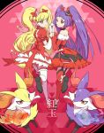  2girls alternate_color asahina_mirai bangs blonde_hair bow braixen closed_mouth commentary_request cure_magical cure_miracle dress elbow_gloves eyebrows_visible_through_hair eyelashes gen_6_pokemon gloves heart highres holding_hands interlocked_fingers izayoi_liko leg_garter leg_up long_hair looking_back mahou_girls_precure! mixar0807 multiple_girls orange_dress pokemon pokemon_(creature) precure purple_eyes purple_hair red_dress red_legwear ruby_style shiny shiny_hair shiny_pokemon shoes short_sleeves thighhighs twintails very_long_hair white_legwear 