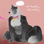  1:1 anthro canid canine canis collar domestic_dog freshly_uprooted fur grey_body grey_fur hi_res humanoid_hands leash looking_up male mammal monochrome_fur on_ground pink_eyes slightly_chubby solo text thought_bubble tongue tongue_out 