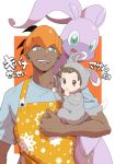  2boys alternate_costume apron black_hair brown_eyes brown_hair carrying commentary_request cosplay dark_skin dark_skinned_male gen_5_pokemon gen_6_pokemon goodra green_eyes highres hood hood_up long_sleeves male_focus minccino minccino_(cosplay) mixar0807 multiple_boys open_mouth orange_apron orange_headwear pokemon pokemon_(creature) pokemon_(game) pokemon_swsh raihan_(pokemon) shirt short_sleeves smile t-shirt teeth toddler tongue translation_request younger 