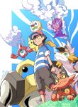  1boy ash_ketchum baseball_cap black_hair brown_eyes brown_pants capri_pants clenched_hand closed_mouth commentary_request gen_1_pokemon gen_4_pokemon gen_7_pokemon grass hat lycanroc lycanroc_(dusk) male_focus melmetal mixar0807 mythical_pokemon on_head on_shoulder pants pikachu poipole pokemon pokemon_(anime) pokemon_(creature) pokemon_on_head pokemon_on_shoulder pokemon_sm_(anime) rotom rotom_dex rowlet shirt short_sleeves smile standing striped striped_shirt t-shirt torracat ultra_beast z-ring 