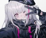  1girl bangs beret black_headwear black_jacket blush girls_frontline gloves grey_background grin haizome_senri hat highres jacket long_hair long_sleeves mdr_(girls_frontline) multicolored_hair one_eye_closed pink_eyes pink_hair silver_hair simple_background smile solo streaked_hair upper_body v v_over_eye 