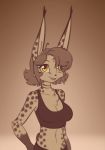  2020 absurd_res amber_eyes anthro big_ears breasts cleavage clothed clothing felid feline female hi_res long_ears lynx mammal mara_(scorpdk) monochrome navel restricted_palette scorpdk sepia solo 