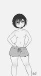  1girl artist_name artofpechi bangs big_hero_6 black_hair blush bob_cut breasts collarbone embarrassed feet_out_of_frame gogo_tomago gradient_hair greyscale hair_between_eyes hands_on_hips highres looking_to_the_side male_swimwear male_swimwear_challenge monochrome multicolored_hair navel short_hair signature simple_background small_breasts solo standing swim_trunks swimwear tomboy topless white_background 