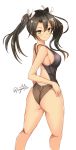  1girl ass black_hair brown_eyes commentary_request competition_swimsuit cowboy_shot from_behind grey_swimsuit hair_ribbon highres kantai_collection kuga_zankurou long_hair looking_back one-piece_swimsuit ribbon simple_background smile solo swimsuit twintails twitter_username white_background zuikaku_(kantai_collection) 