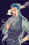  1boy blood blood_on_face bloody_hands blue_hair cigarette closed_mouth collared_shirt cu_chulainn_(fate)_(all) cu_chulainn_(fate/grand_order) earrings fang fate/grand_order fate_(series) finger_to_mouth gloves grin hand_in_pocket heroic_spirit_formal_dress jewelry jiao_mao long_hair male_focus red_eyes scalpel shiny shirt shushing signature simple_background sleeves_rolled_up smile smoke smoking solo spiked_hair type-moon vest weapon 