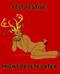  2020 anthro antlers balls baubles beastars brown_body brown_fur cervid cervine christmas english_text feet fur genitals hi_res holidays horn horn_decoration humanoid_feet humanoid_hands louis_(beastars) lying male mammal meme nude on_side one_eye_closed parody red_background red_deer simple_background solo spicedpopsicle text 