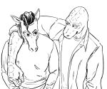  2020 anthro arm_over_shoulder beastars black_and_white clothed clothing duo equid equine ffog gosha_(beastars) hair horse jacket komodo_dragon lizard long_sleeves looking_at_another male mammal monitor_lizard monochrome open_clothing open_jacket open_topwear reptile scalie shirt simple_background smile topwear white_background yafya_(beastars) 